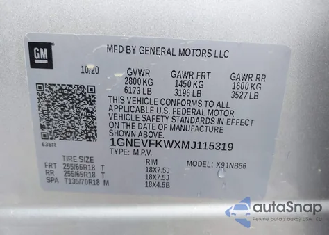 2021 Chevrolet Traverse Awd Ls z USA, uszkodzony, nr VIN 1GNEVFKWXMJ115319